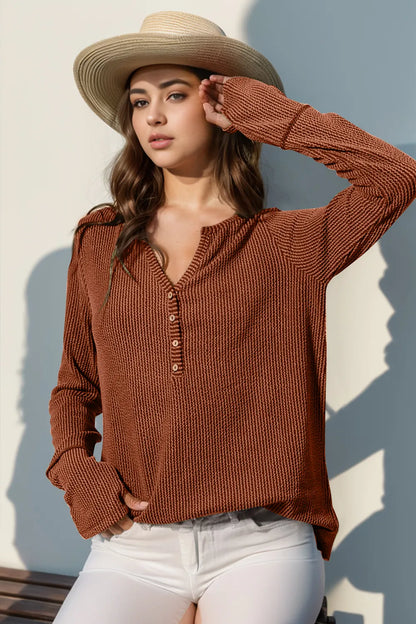 Long sleeve T-shirt with notched thumbholes, full size, trendy design by Trendsi, shown in a casual fit with a comfortable look.
