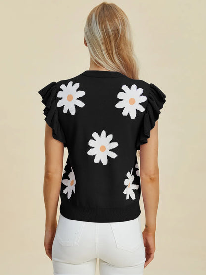 Trendsi double take full-size ruffled flower round neck cap sleeve sweater displayed on a model.