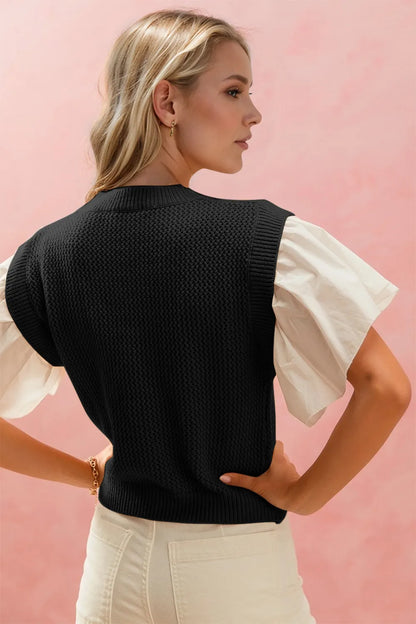 Trendsi Oh full size ruffled round neck short sleeve sweater in soft knit fabric, featuring a feminine ruffled neckline and relaxed fit.