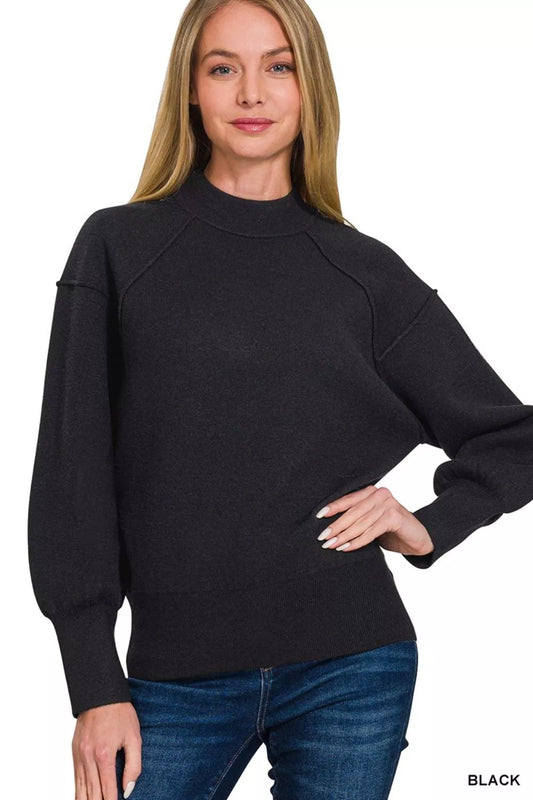 Zenana Viscose mock neck sweater with exposed seam, featuring a stylish and cozy design in a soft fabric, perfect for casual wear