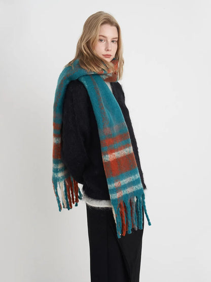 Fringe plaid polyester scarf in earthy tones, featuring fringed edges and a soft, lightweight fabric from Trendsi.