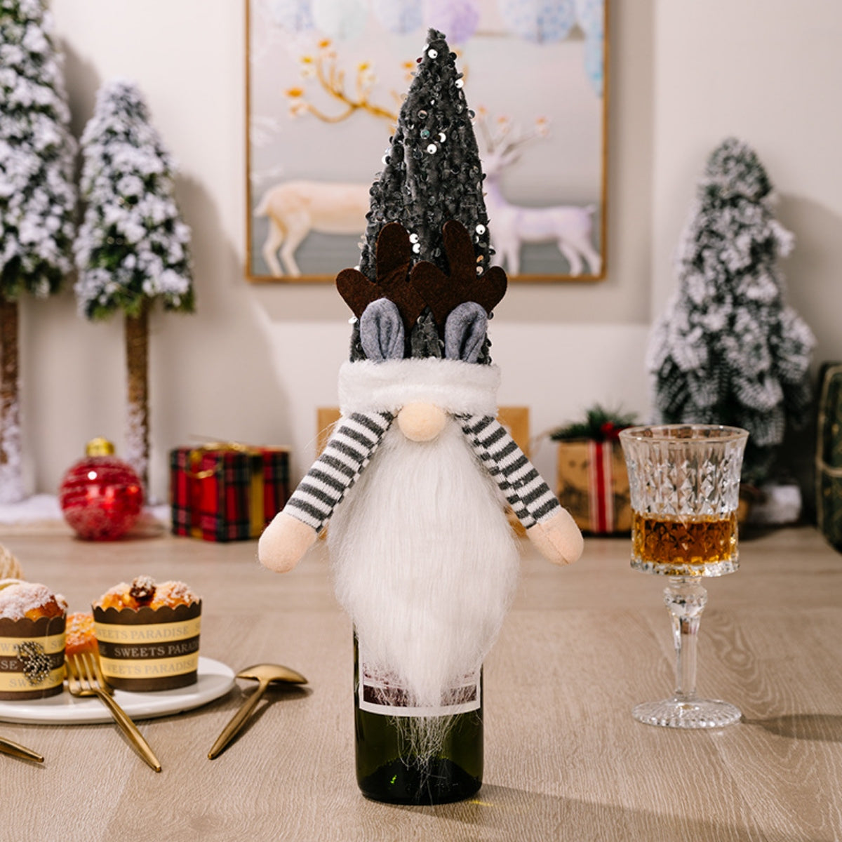Sequin pointed hat wine bottle cover from Trendsi, festive gold and silver sequins, stylish accessory for wine bottles