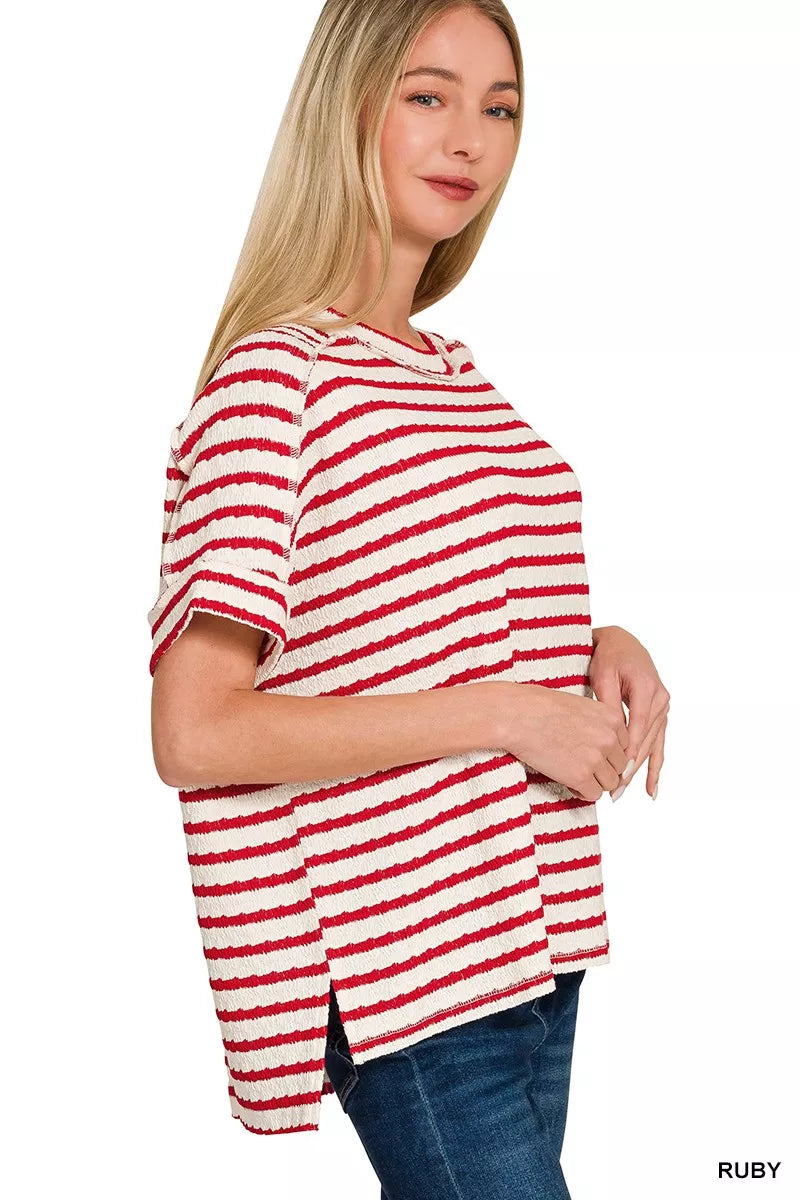 Zenana Stripe Jacquard round-neck tee with intricate pattern, featuring a stylish and comfortable design perfect for casual wear.