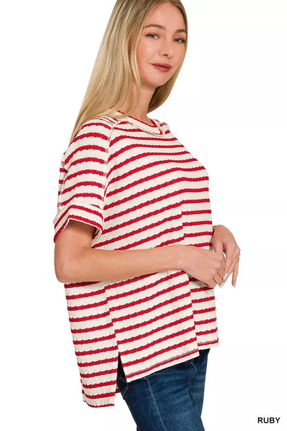 Zenana Stripe Jacquard round-neck tee with intricate pattern, featuring a stylish and comfortable design perfect for casual wear.