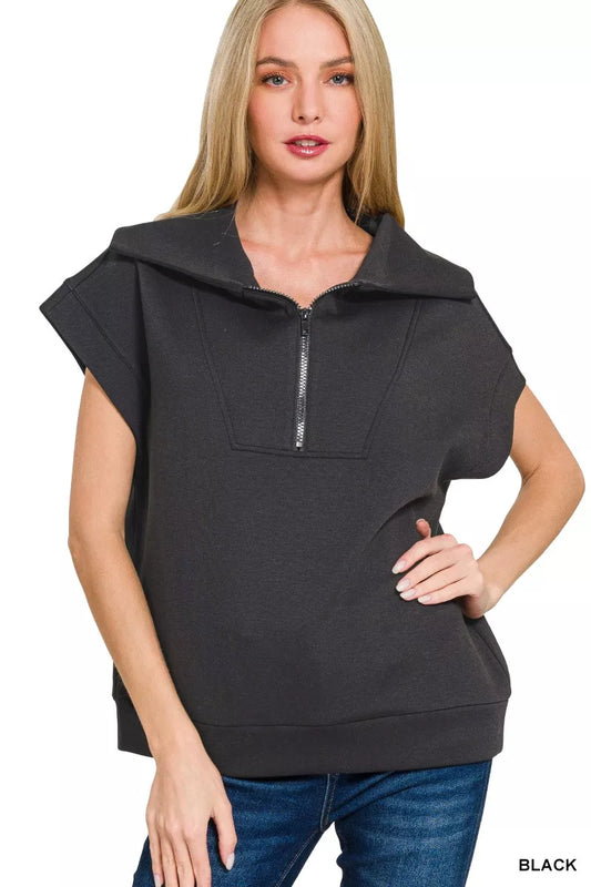Zenana scuba half zip top in black, featuring a high neckline and sporty design, perfect for casual or active wear.