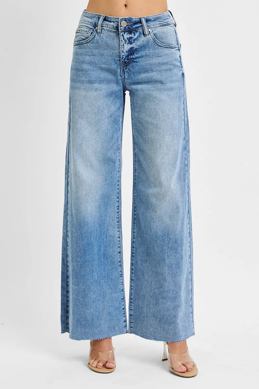 Plus size RISEN high rise ankle palazzo jeans with tummy control by Trendsi, featuring a full size, comfortable fit and stylish design.