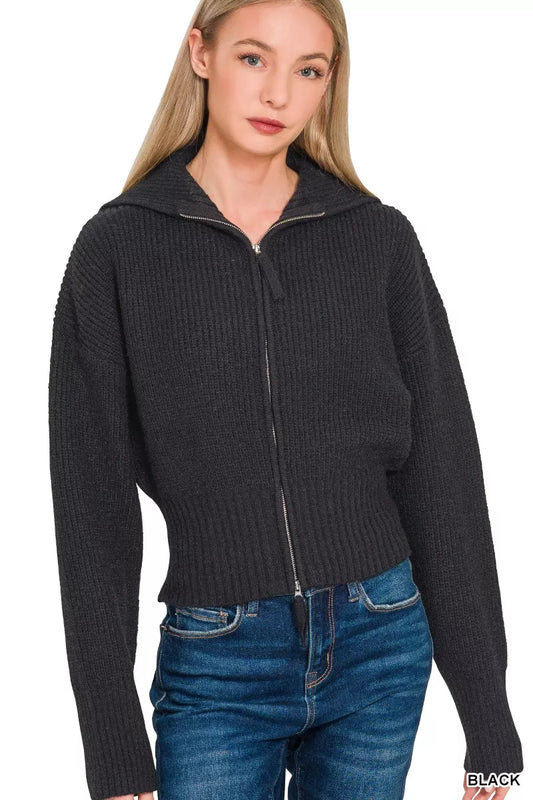 Ribbed collared zip-up sweater cardigan by Zenana, featuring a fitted design, front zipper, and textured knit pattern.