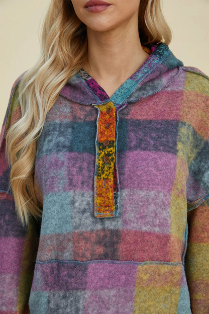 Plus size plaid fleece hoodie with dropped shoulders, featuring a double take full size design from Trendsi.