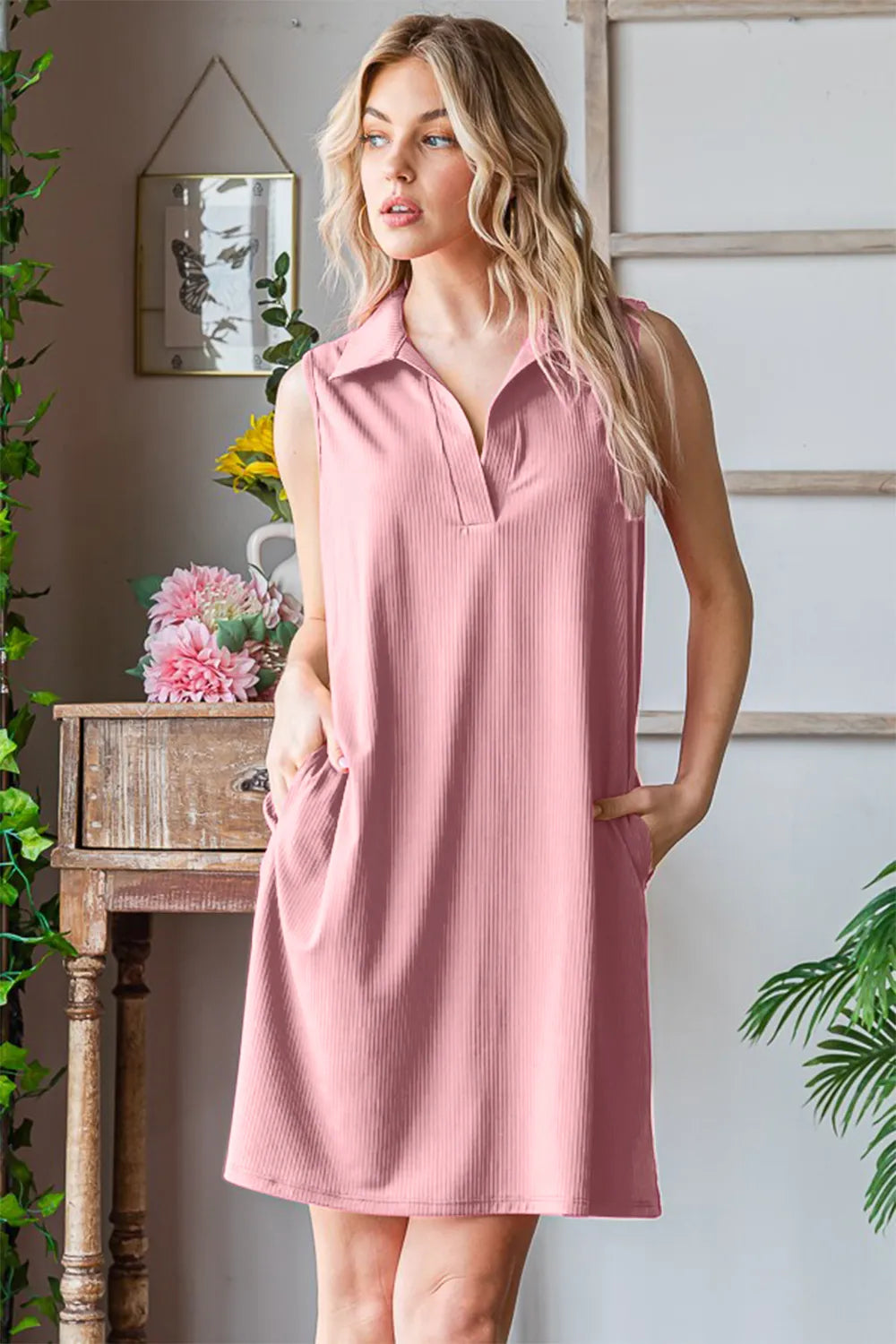 Heimish full size ribbed Johnny collar sleeveless dress in a fitted, textured fabric with a classic collar and sleeveless design.
