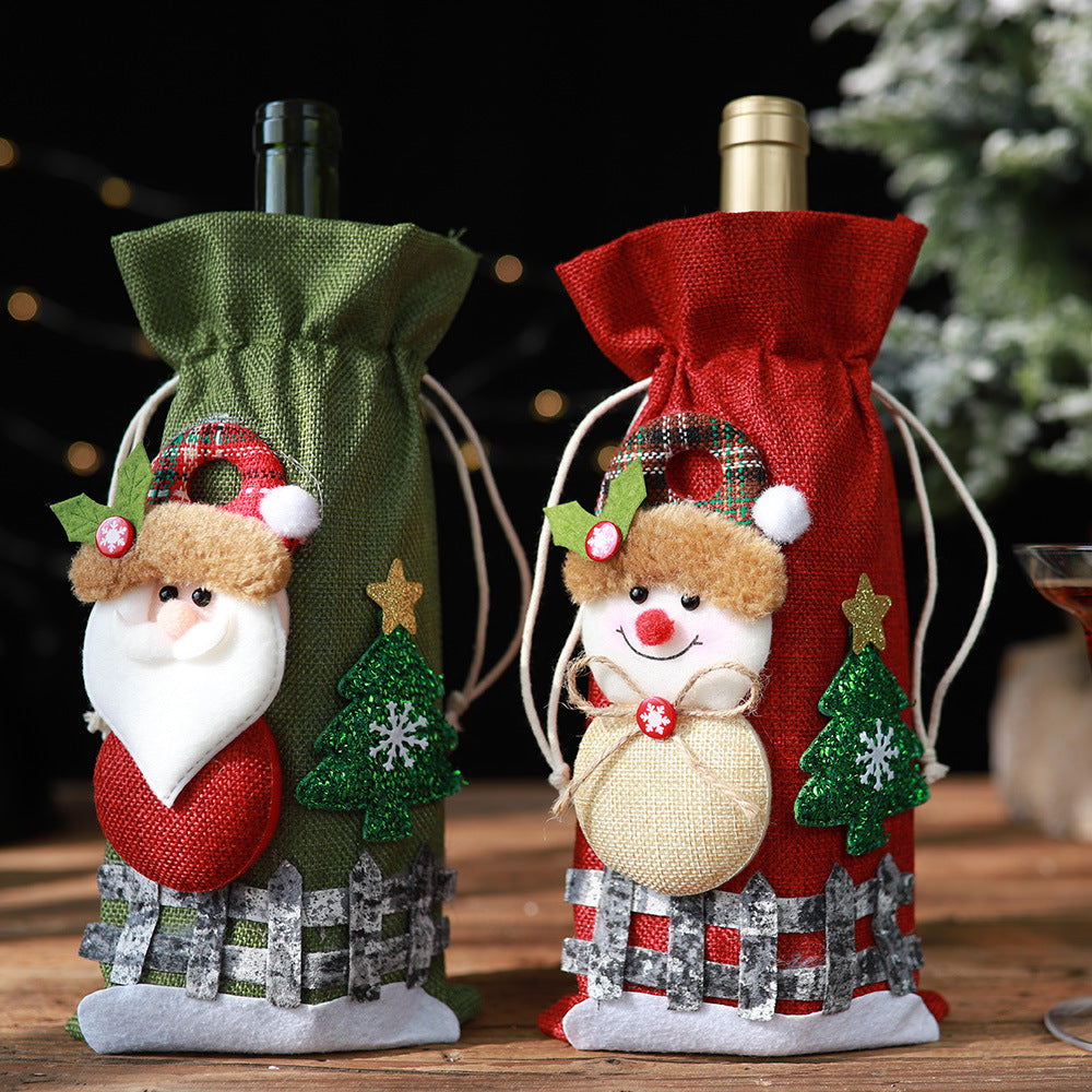 Assorted 2-piece Christmas doll wine bottle covers featuring festive holiday designs, perfect for decorating wine bottles during Christmas.