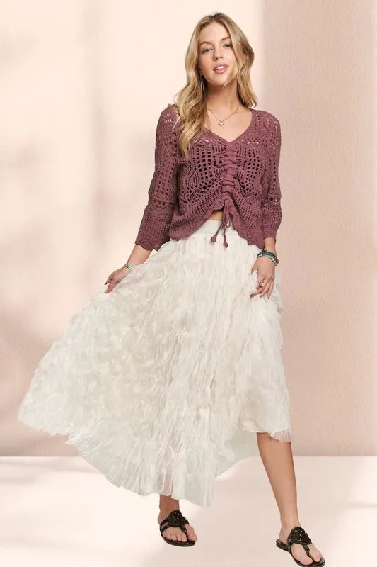Beige ADORA elastic waist cloud fluffy maxi skirt from Trendsi, shown with soft, flowing fabric and comfortable fit.