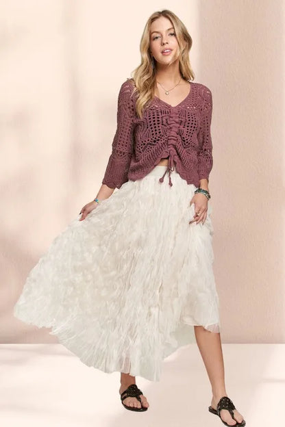 Beige ADORA elastic waist cloud fluffy maxi skirt from Trendsi, shown with soft, flowing fabric and comfortable fit.