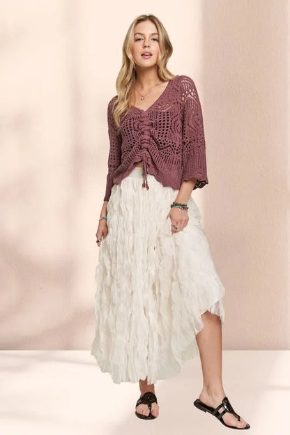 Beige ADORA elastic waist cloud fluffy maxi skirt by Trendsi, flowing and soft with a comfortable fit, full length and stylish design.