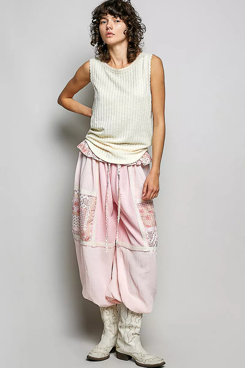 Beige POL ribbed round neck tank top with lace trim, casual sleeveless shirt from Trendsi.