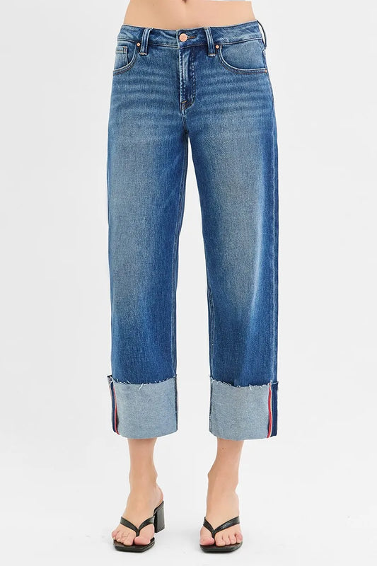 Plus size RISEN crop wide cuff jeans with tummy control, mid-rise fit and stylish design by Trendsi.