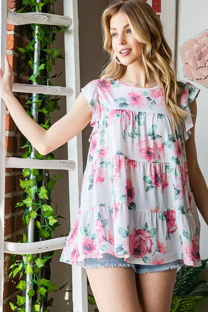 Heimish full size butterfly floral print tiered short sleeve round neck top, plus size, with vibrant floral patterns and relaxed fit.