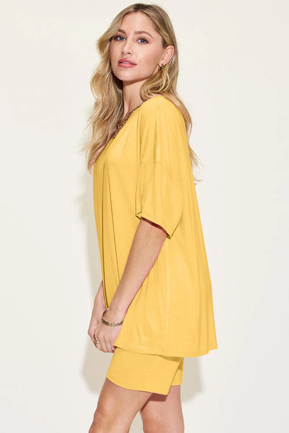 Trendsi Basic Bae Bamboo full-size V-neck drop shoulder T-shirt and shorts set, beige color, casual comfortable loungewear.