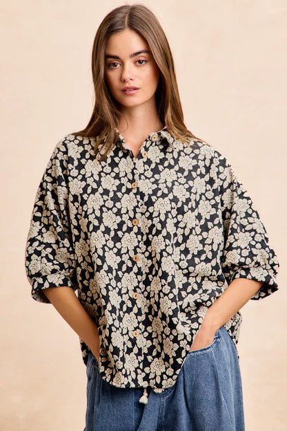 Black and light grey floral jacquard short dolman sleeves shirt from BiBi by Trendsi, shown on a model.
