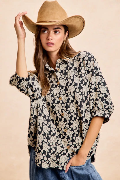 Black and light grey BiBi floral jacquard short dolman sleeves shirt with a relaxed fit, stylish and lightweight for casual wear.