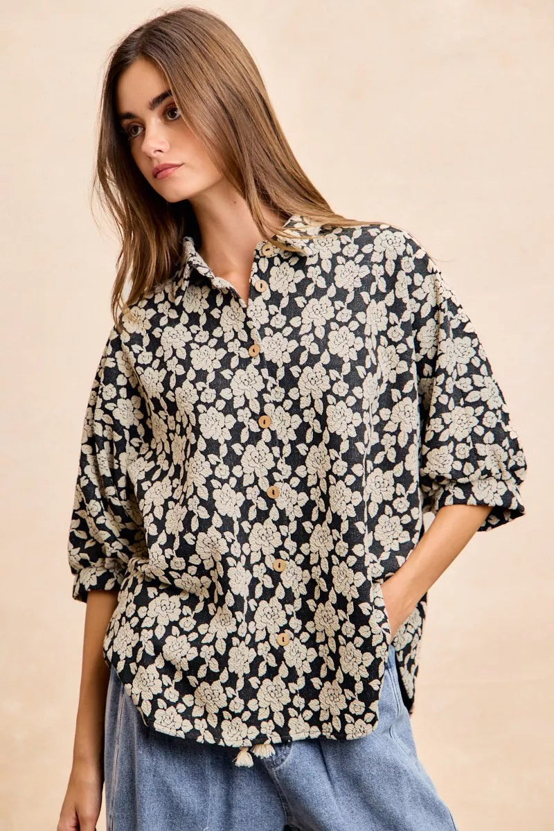 Black and light grey BiBi floral jacquard short dolman sleeves shirt with a relaxed fit, from Trendsi.