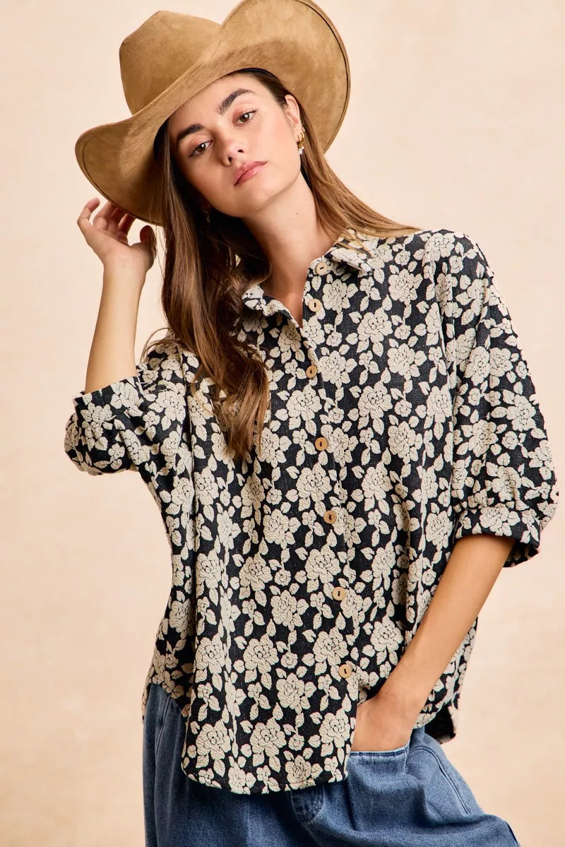 Black and light grey BiBi floral jacquard short dolman sleeves shirt by Trendsi, featuring a stylish, textured floral pattern.