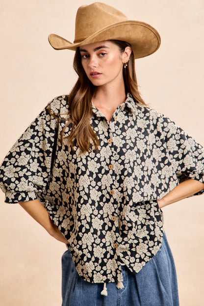 Black and light grey floral jacquard short dolman sleeves shirt by Trendsi, featuring a relaxed fit and intricate floral pattern.