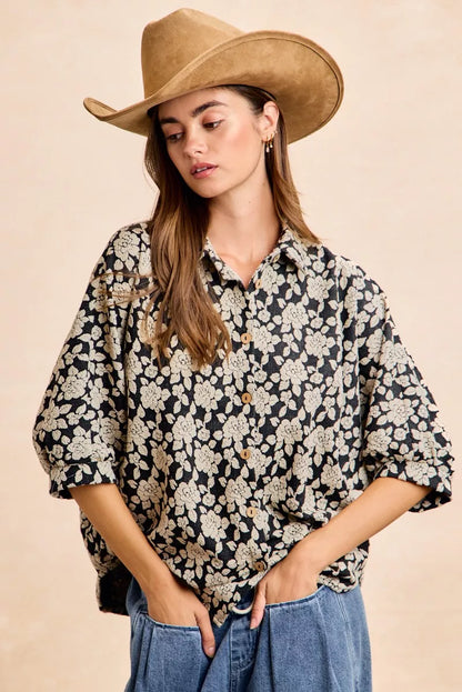Black and light grey BiBi floral jacquard short dolman sleeves shirt with a relaxed fit from Trendsi.