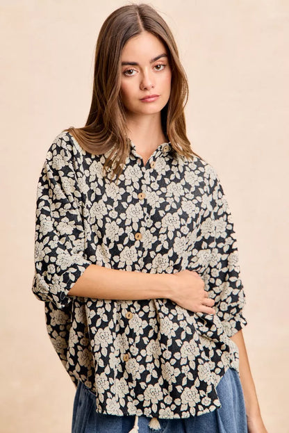 Black and light grey BiBi floral jacquard short dolman sleeves shirt with a relaxed fit, from Trendsi.