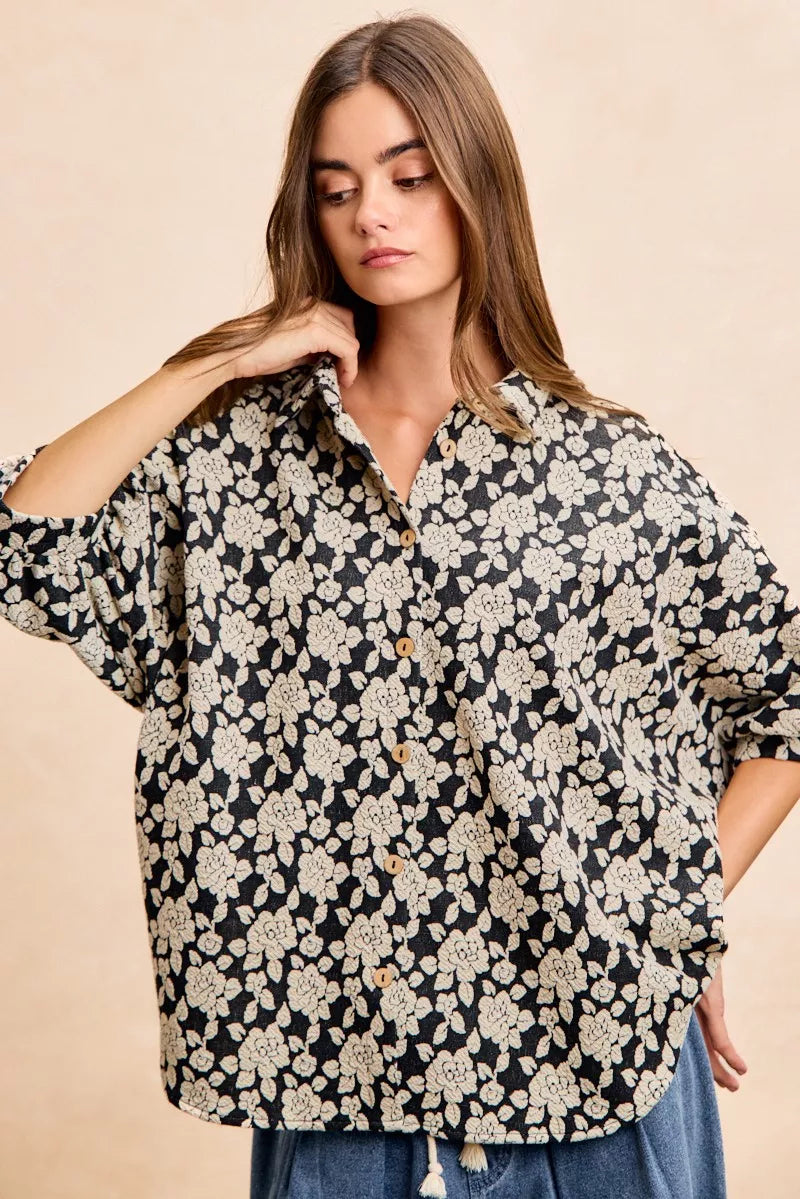 Black and light grey floral jacquard short dolman sleeves shirt from Trendsi with a relaxed fit and stylish design.