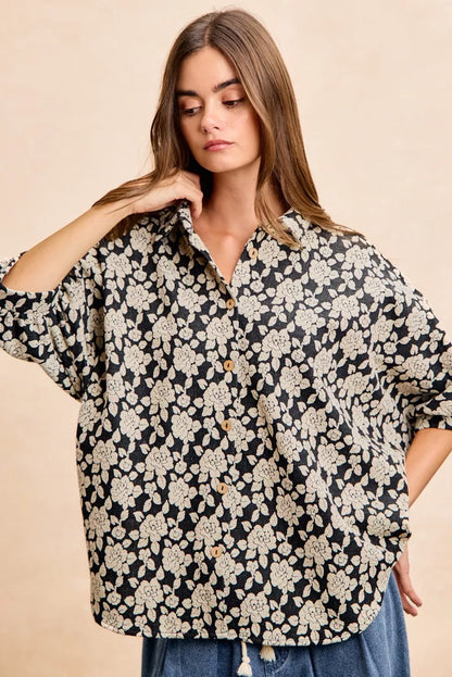 Black and light grey floral jacquard short dolman sleeves shirt from Trendsi with a relaxed fit and stylish design.