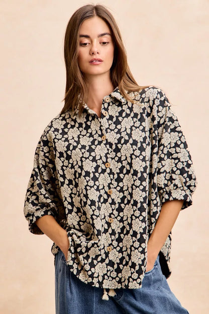 Black and light grey BiBi floral jacquard short dolman sleeves shirt with a relaxed fit, featuring a stylish and textured pattern.