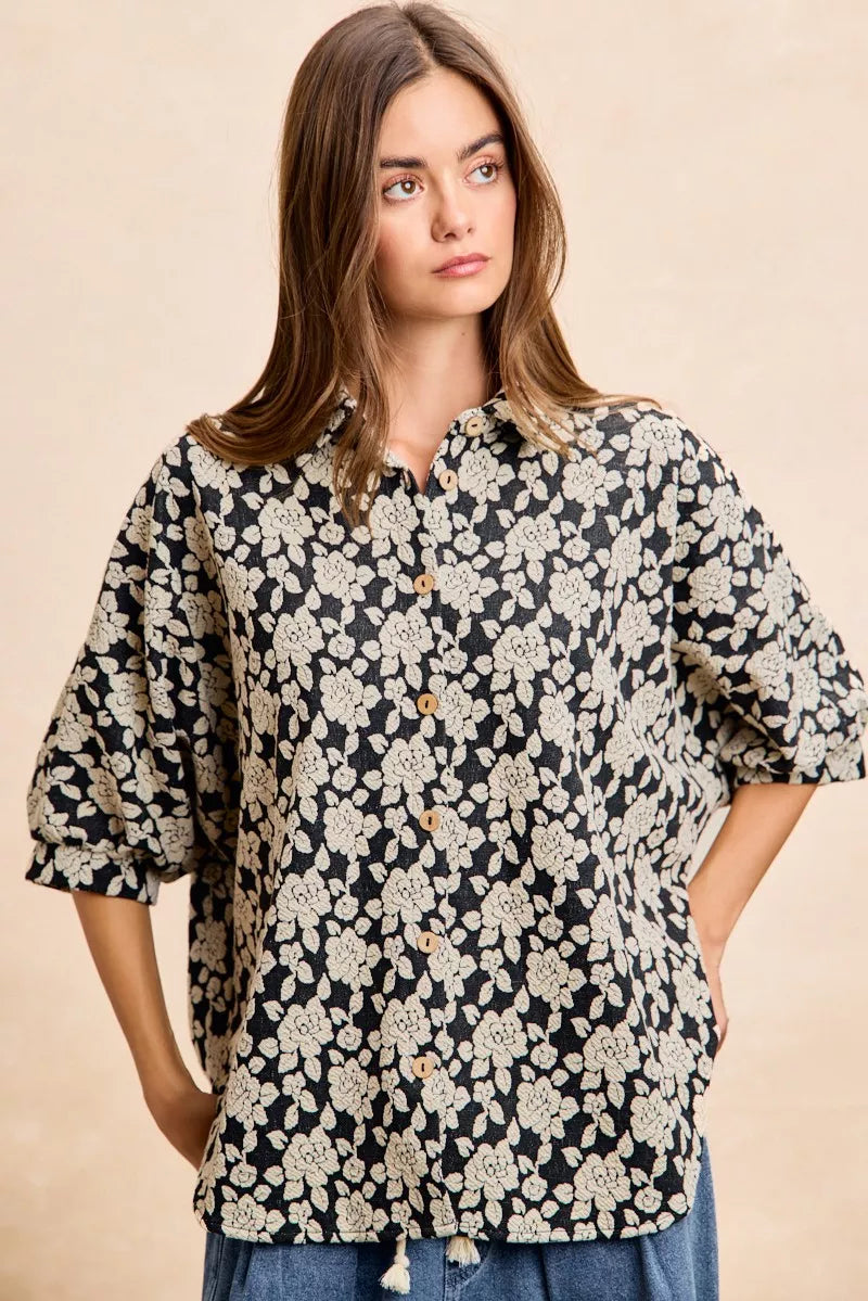 Black and light grey floral jacquard short dolman sleeves shirt by Trendsi, showcasing a stylish, textured design.