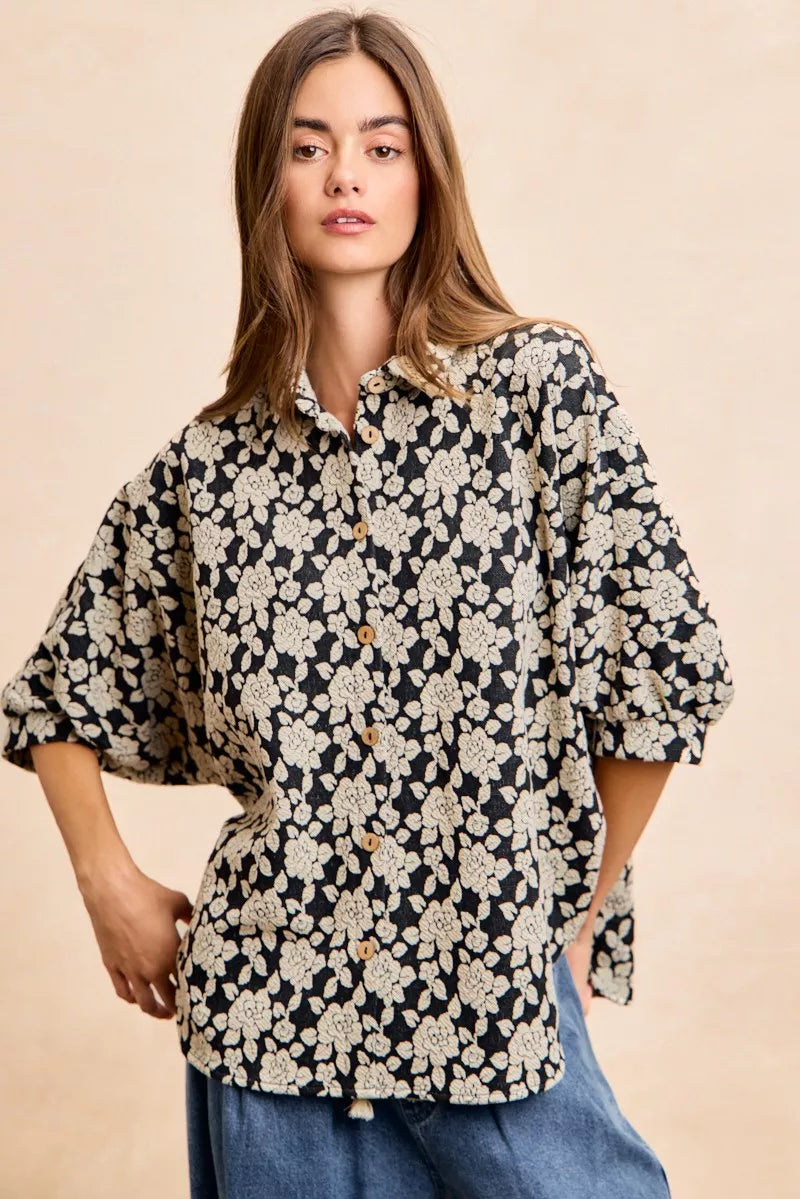 Black and light grey BiBi floral jacquard short dolman sleeves shirt with a relaxed fit, designed by Trendsi.