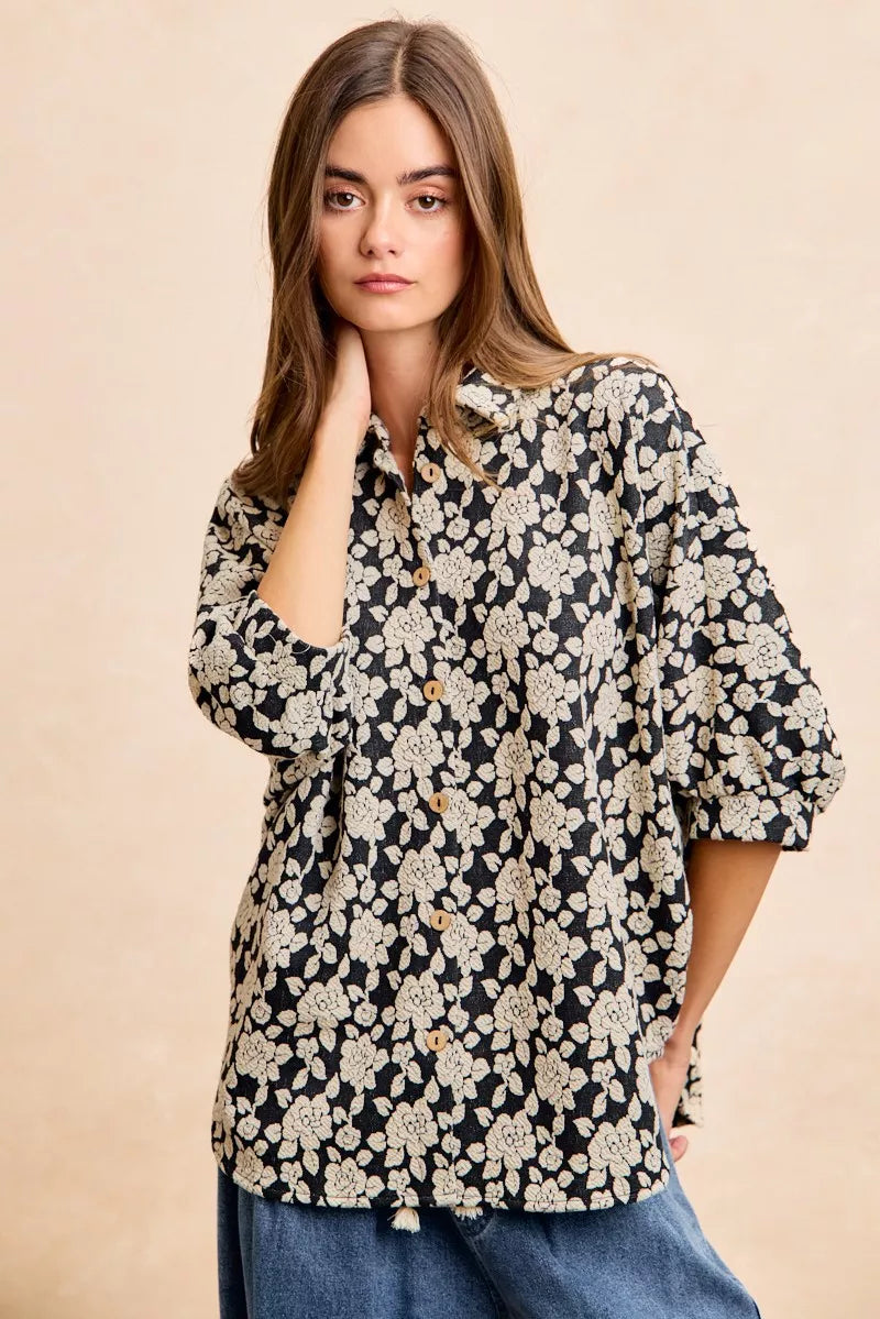 Black and light grey BiBi floral jacquard short dolman sleeves shirt with a relaxed fit, from Trendsi.