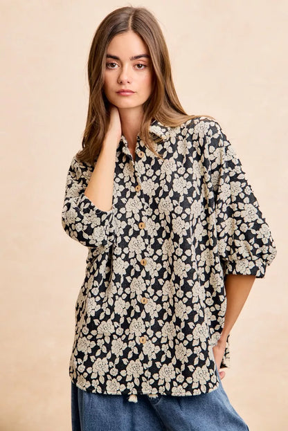 Black and light grey BiBi floral jacquard short dolman sleeves shirt with a relaxed fit, from Trendsi.