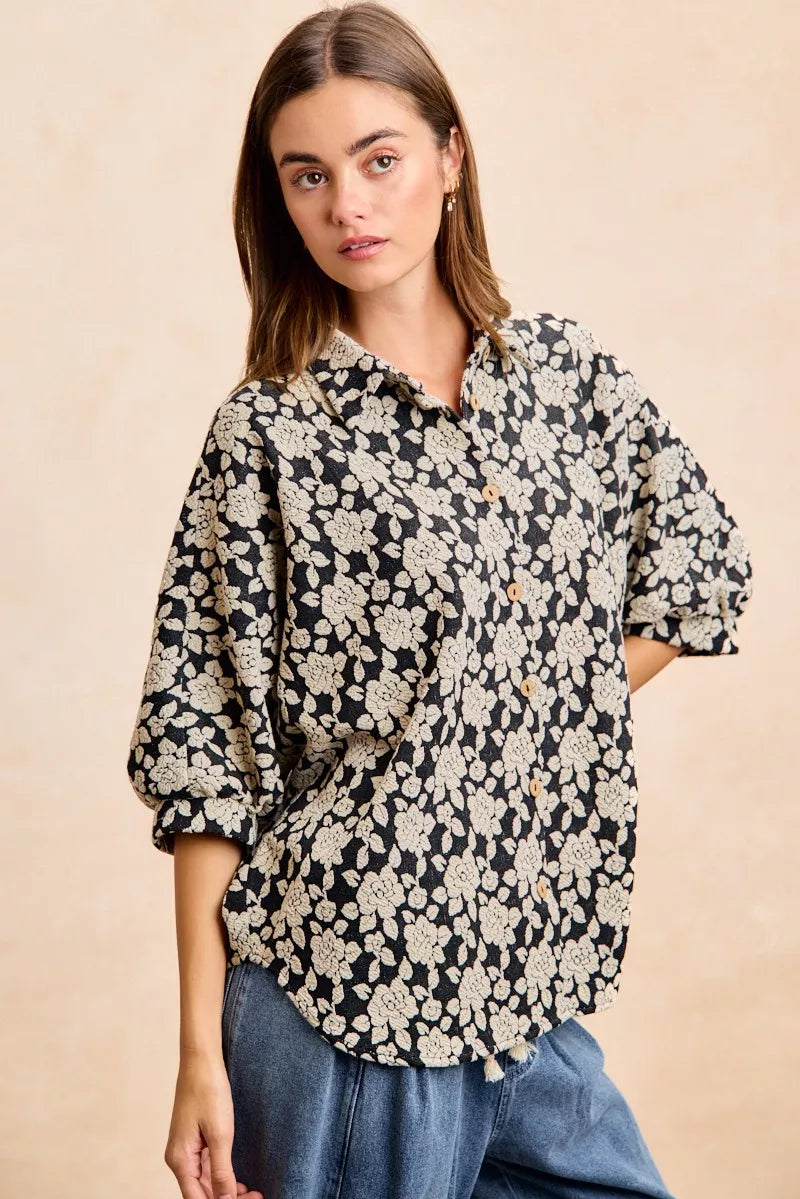 Black and light grey BiBi floral jacquard short dolman sleeves shirt with relaxed fit, stylish and lightweight for casual wear.