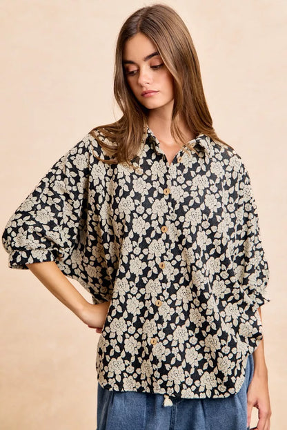 Black and light grey floral jacquard short dolman sleeves shirt by Trendsi, showcasing a stylish, textured fabric and relaxed fit.