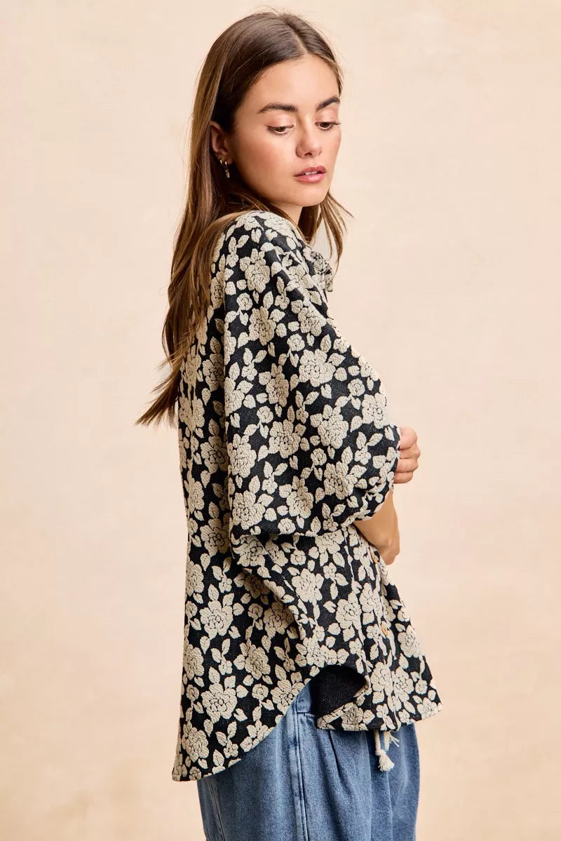 Black and light grey BiBi floral jacquard short dolman sleeves shirt with relaxed fit, from Trendsi.