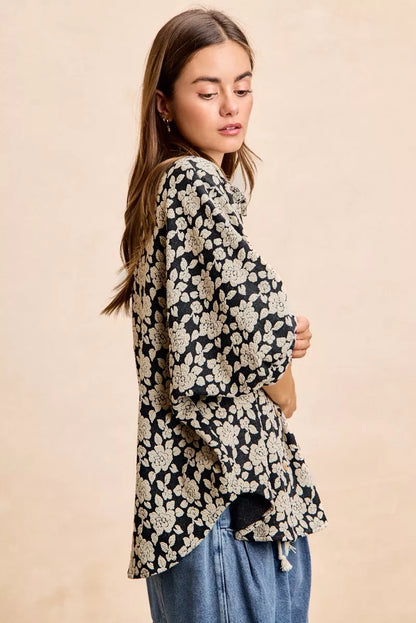 Black and light grey BiBi floral jacquard short dolman sleeves shirt with relaxed fit, from Trendsi.