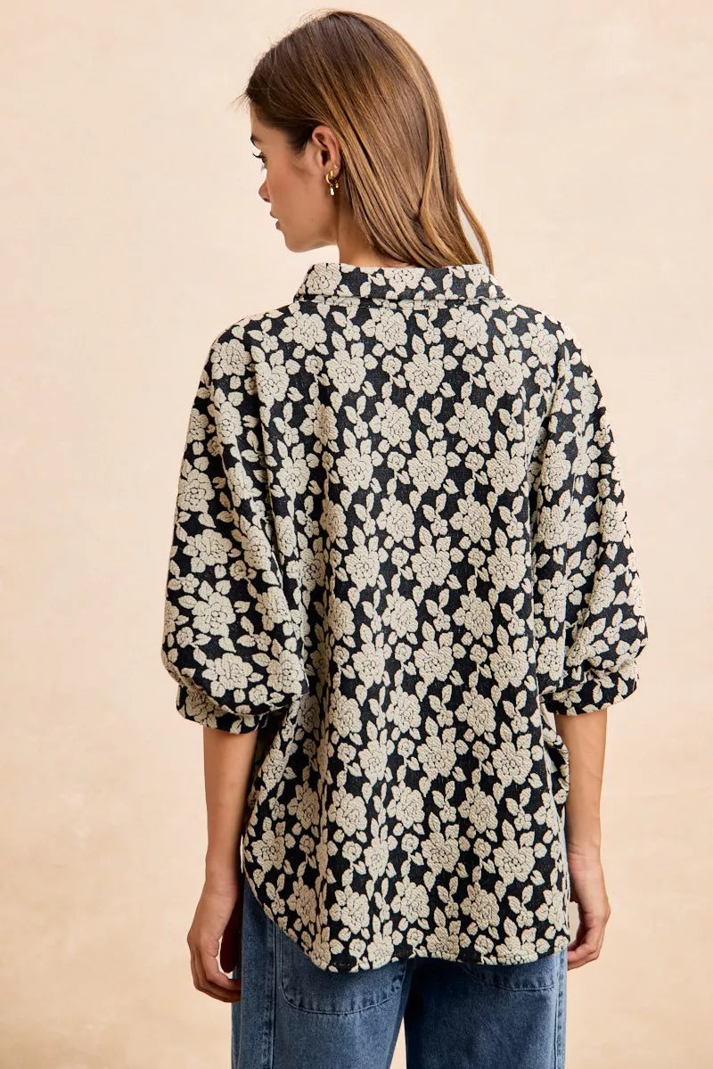 Black and light grey BiBi floral jacquard short dolman sleeves shirt with a relaxed fit, from Trendsi.