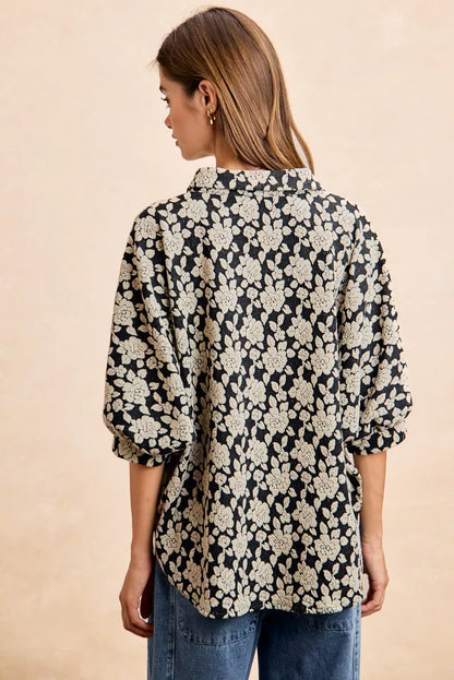 Black and light grey BiBi floral jacquard short dolman sleeves shirt with a relaxed fit, from Trendsi.
