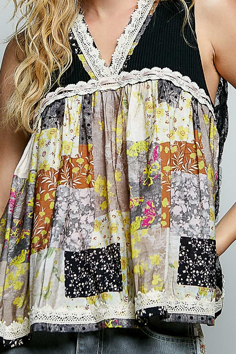 Black POL floral v-neck sheer tank top with lace trim, stylish and lightweight from Trendsi.
