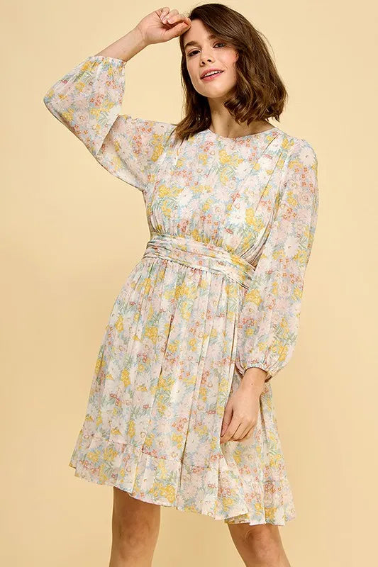 Blue floral chiffon belted dress with back zipper from Trendsi, featuring lime and chili accents and a flowy, feminine design.