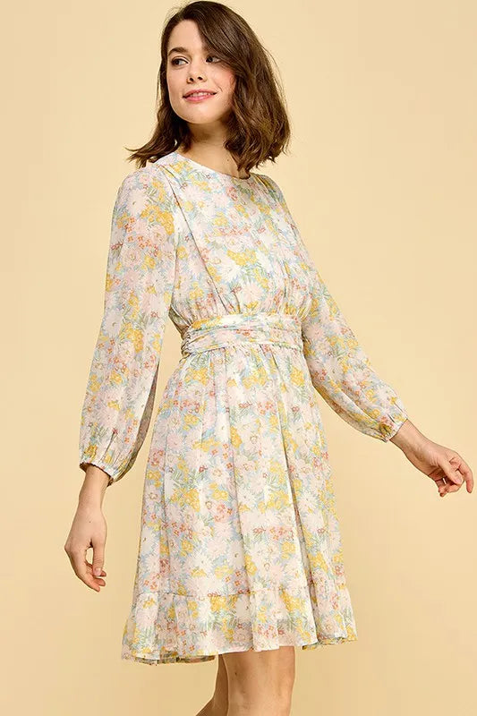 Blue floral chiffon belted dress with back zipper from Lime 'N' Chili by Trendsi, featuring a flowy design and vibrant print.