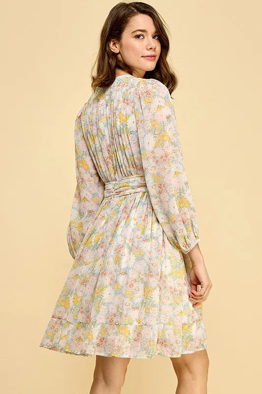 Blue floral print chiffon belted dress with back zipper by Trendsi, featuring lime and chili accents and a flowing silhouette.