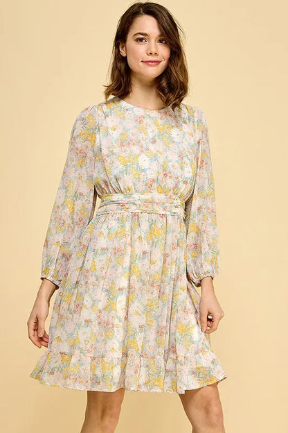 Blue floral chiffon belted dress with back zipper, Lime 'N' Chili by Trendsi, featuring a stylish floral print and elegant design.