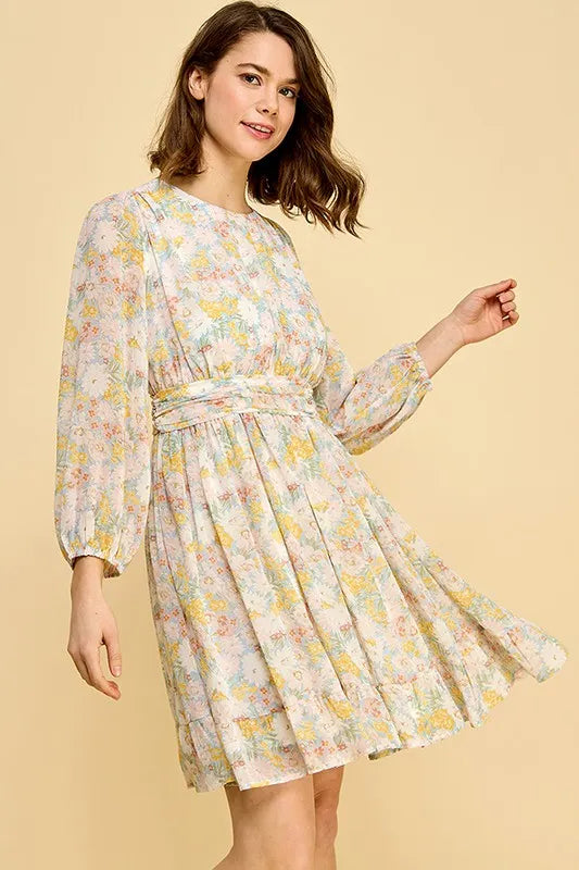 Blue floral print chiffon belted dress with back zipper from Trendsi, featuring lime and chili accents and a flowy silhouette.