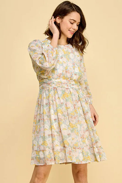 Blue floral chiffon belted dress with lime and chili print, featuring a back zipper from Trendsi.