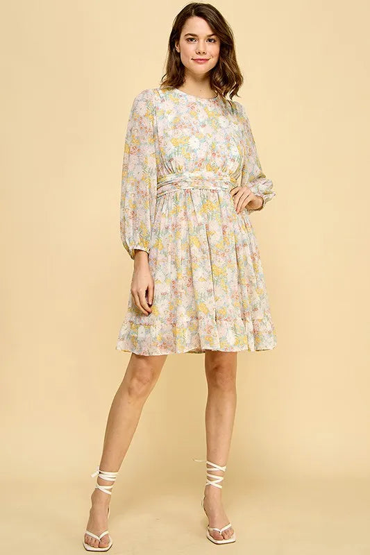 Blue floral print chiffon belted dress with back zipper by Trendsi, featuring lime and chili accents and a stylish flowy silhouette.