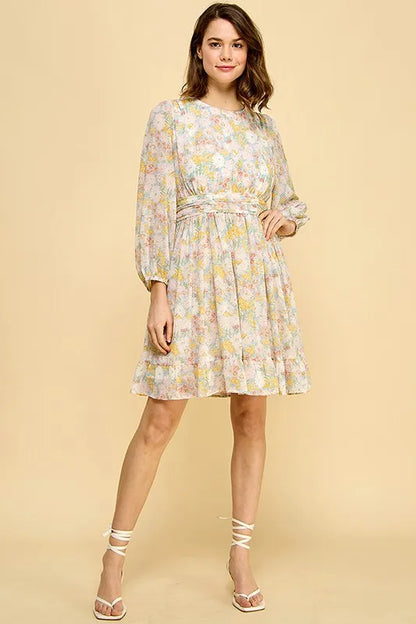 Blue floral print chiffon belted dress with back zipper by Trendsi, featuring lime and chili accents and a stylish flowy silhouette.